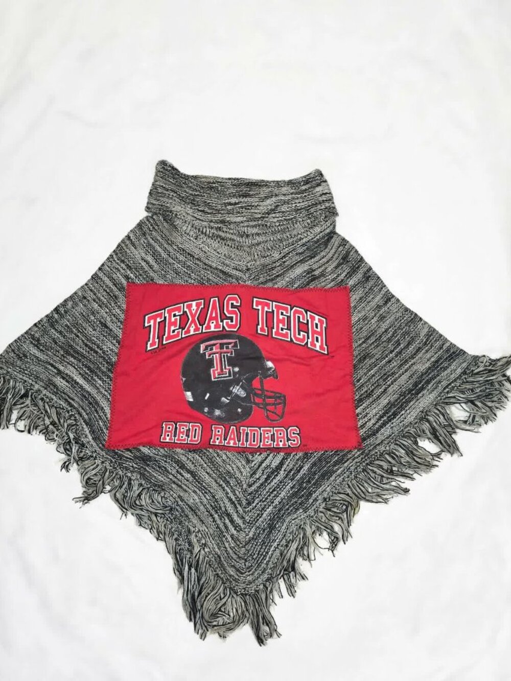 Texas Tech Red Raiders Knit Poncho M Fringe Cowl Neck Game Day Boho